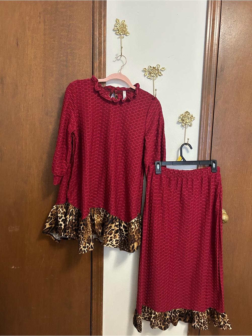 Celeste Red Two-Piece Skirt Set with Leopard Trim